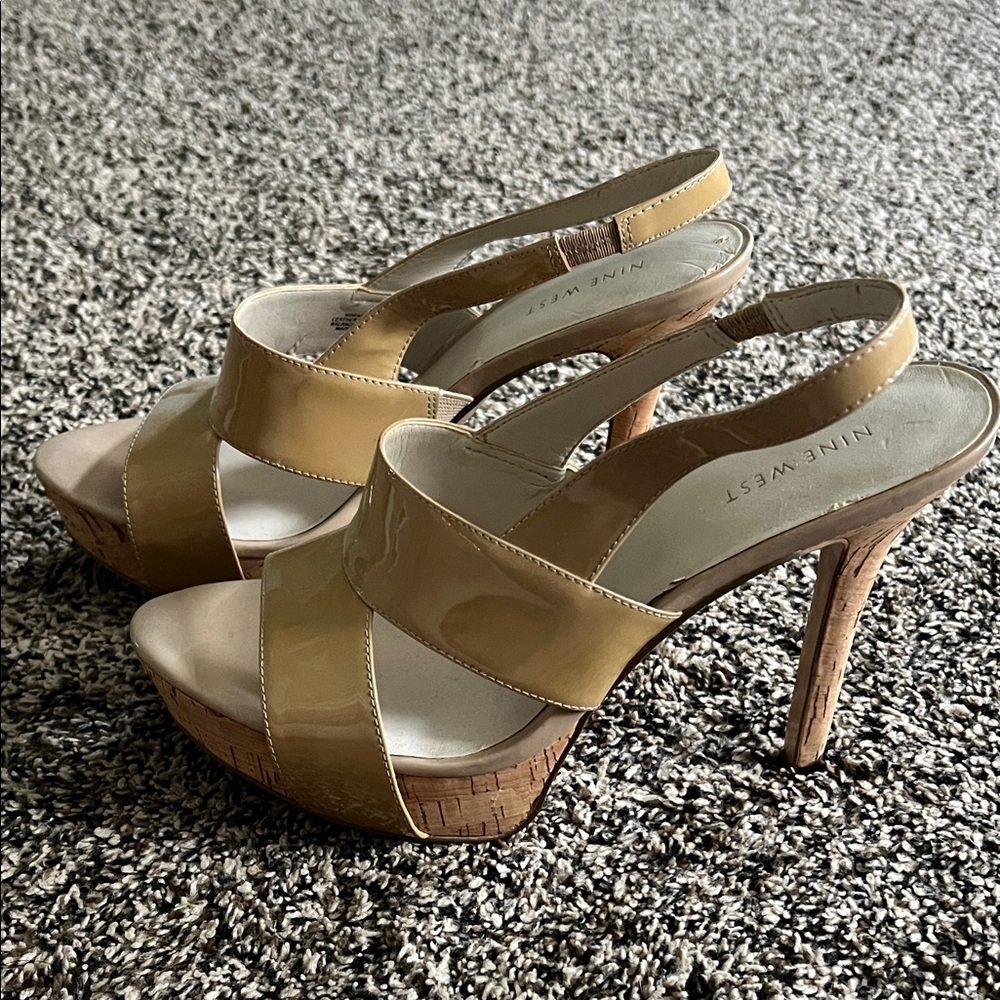Nine West Tan Patent Leather Cork Platform Slingback Heels